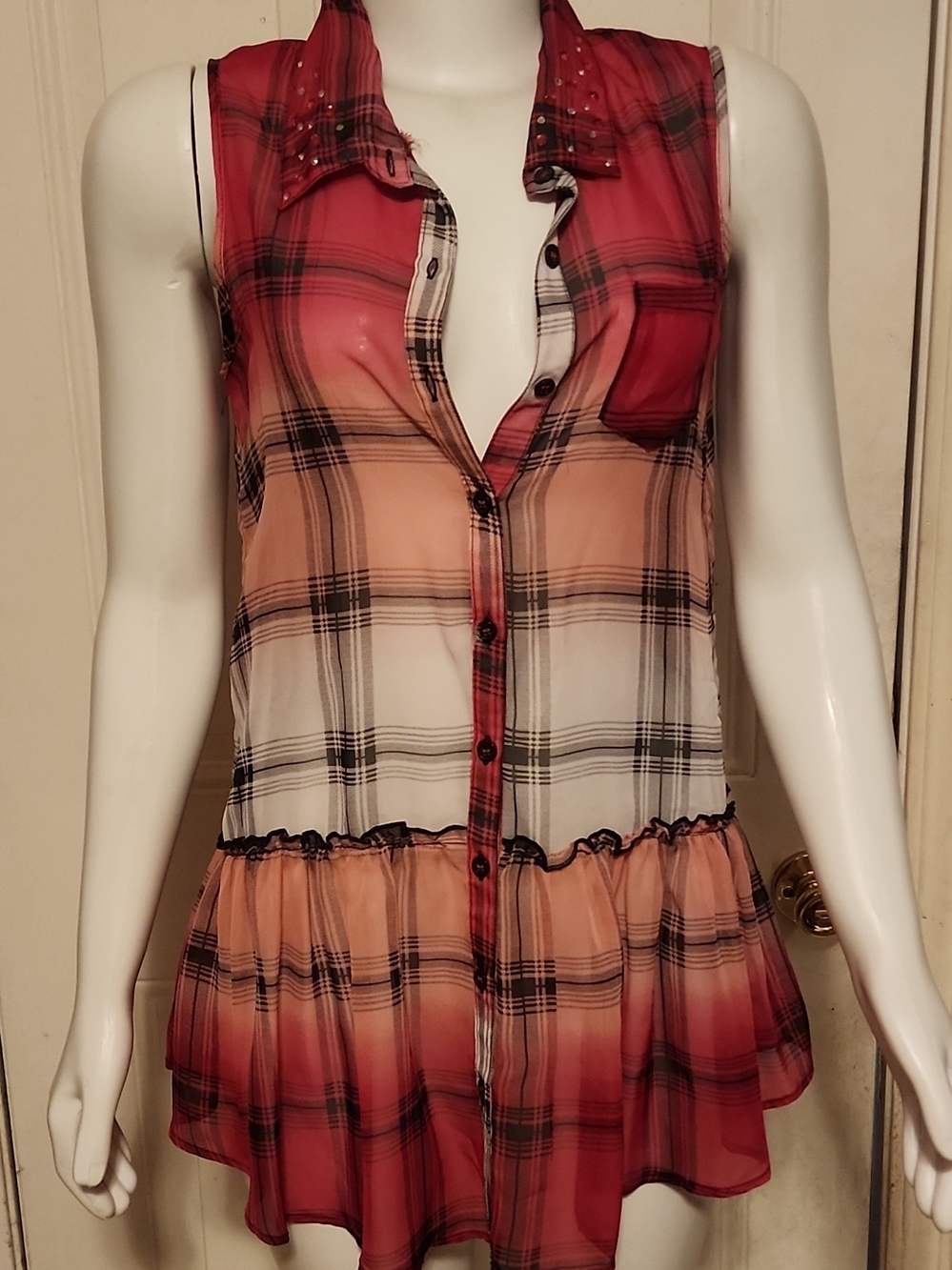 Justice Red Peach Ombre Plaid Sleeveless Button-Up Tunic